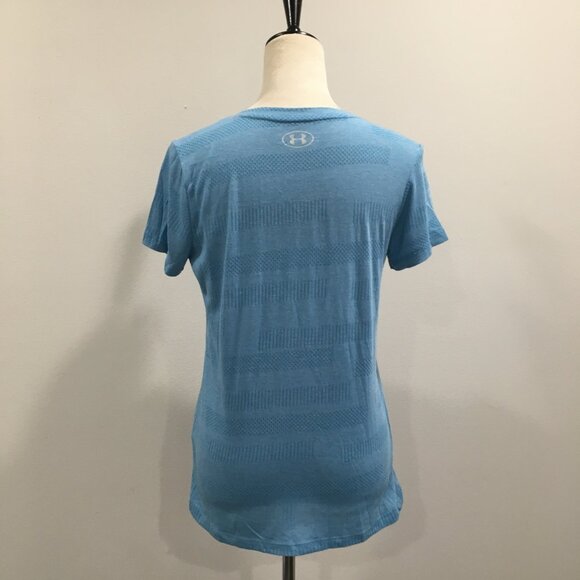 UNDER ARMOUR Short Sleeve Blue V Neck HeatGear Moisture Wick Stretch Shirt Top - Picture 7 of 8